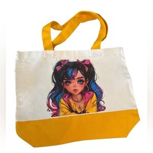 Large Canvas Tote Bag with Stylish Anime Girl Art | Hand Pressed | 17”x14”